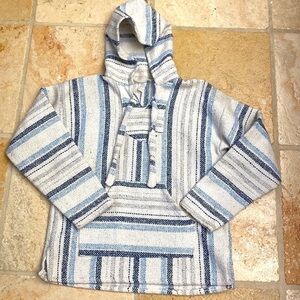 Mexican Poncho shirt Men’s Baja Hoodie Surfer Skater Rug Pullover Blue white S